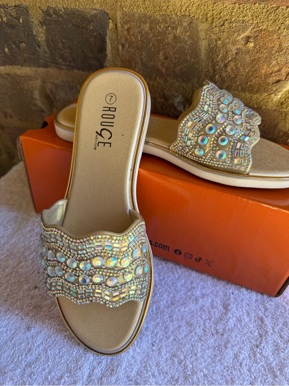Rouge Helium Gold Jeweled Slide Sandals